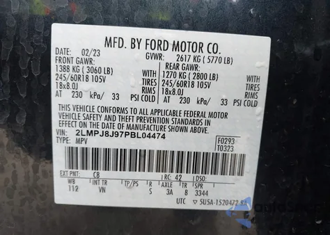 2023 Lincoln Nautilus Standard from USA, damaged, VIN 2LMPJ8J97PBL04474